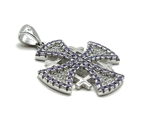 Sterling Silver Pave Stone Jerusalem Cross Pendant